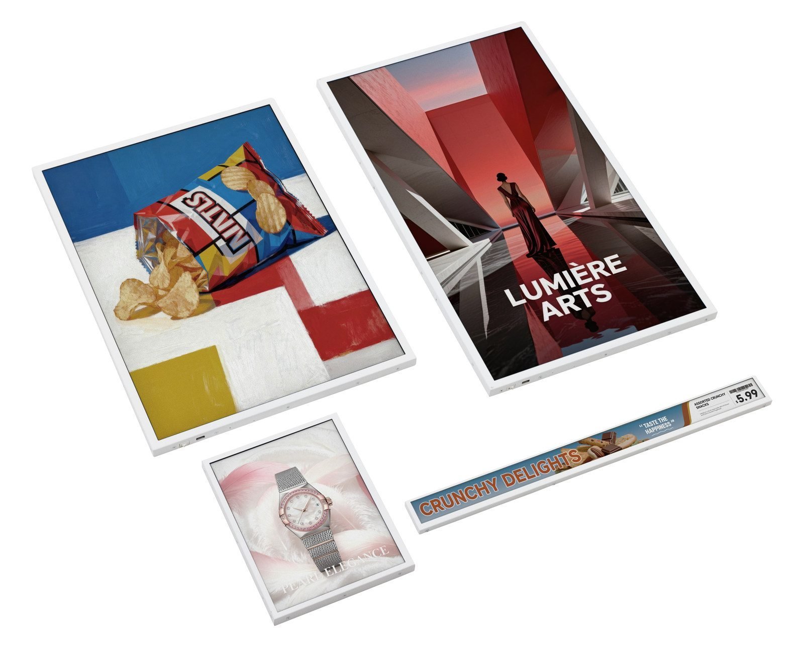 The Lumina range shown together, from poster size down to shelf-edge strips